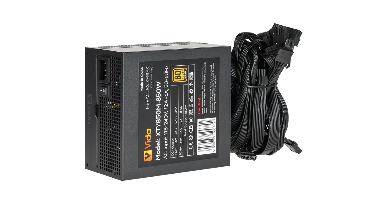 VIDA 850W Heracles Black ATX 3.1 Gaming PSU, 80+ Bronze, 14cm Ultra-Quiet FDM Fan, Flat Black Cables, PCIe 5.1, Power Lead Not Included power supply unit 24-pin ATX