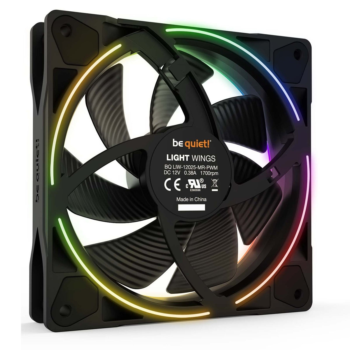 be quiet! Light Wings PWM Addressable RGB Fan, 120mm, 1700RPM, 4-Pin PWM Fan & 3-Pin ARGB Connectors, Black Frame, Black Blades, ARGB Lighting on Front & Rear