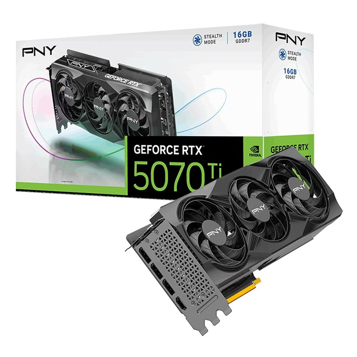 PNY NVIDIA GEFORCE RTX 5070 Ti 16GB, GDDR7 Graphics Card, 8960 CUDA Cores, 2295 MHz Core Clock, Triple Fan, 3x Display Ports / 1x HDMI Port