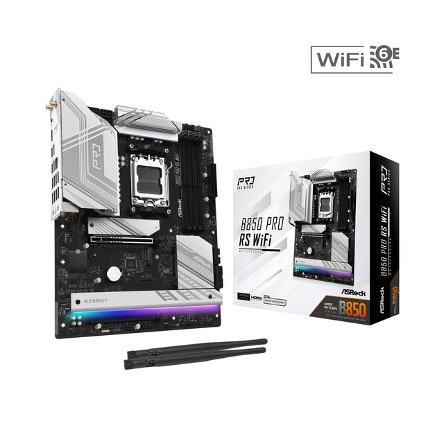 ASRock B850 Pro RS AMD AM5 Socket Motherboard, ATX, 4x DDR5 Slots, 4x M.2 Sockets, Fitted I/O Shield, 2.5GbE LAN, Wi-Fi 6E, 1x HDMI Port / 1x USB-C