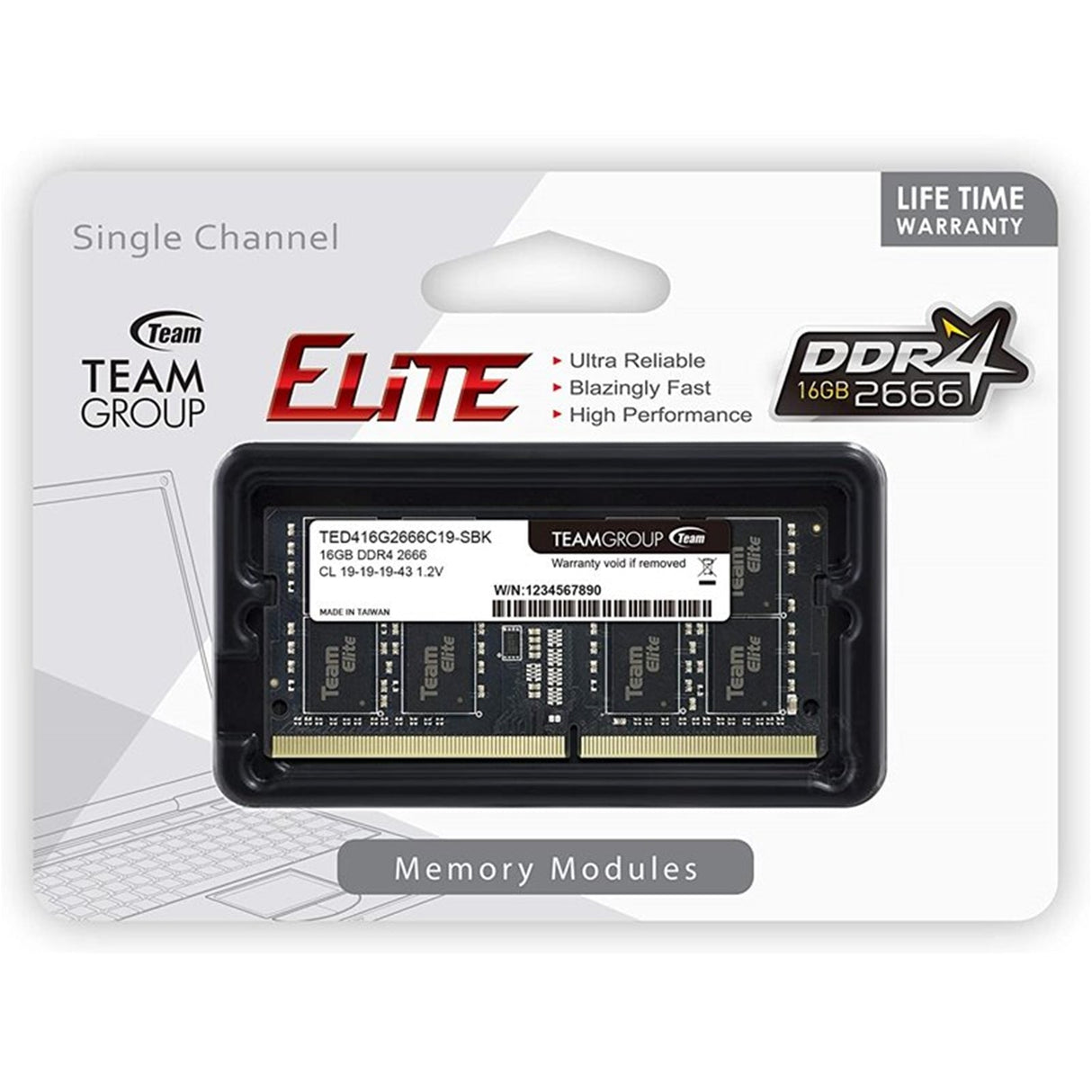 Team Elite TED416G2666C19-S01 16GB (1x 16GB) SODIMM System Memory, 2666MHz, DDR4, CL19